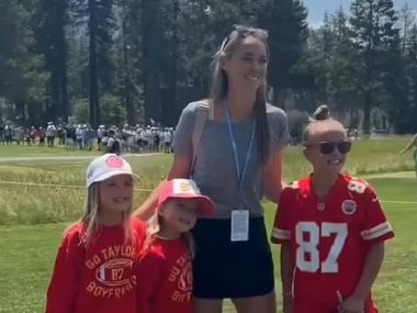 Kylie Kelce compliments young fan's Travis Kelce's jersey while being hounded for selfies at celebrity golf tournament