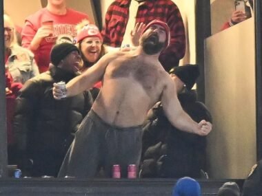 Jason Kelce Tailgates with Kansas City Chiefs Fans Again — with His Shirt on This Time!