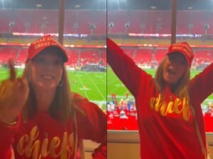 People accuse Randi Mahomes of 'cheapening Taylor Swift's image' by donning MAGA hat